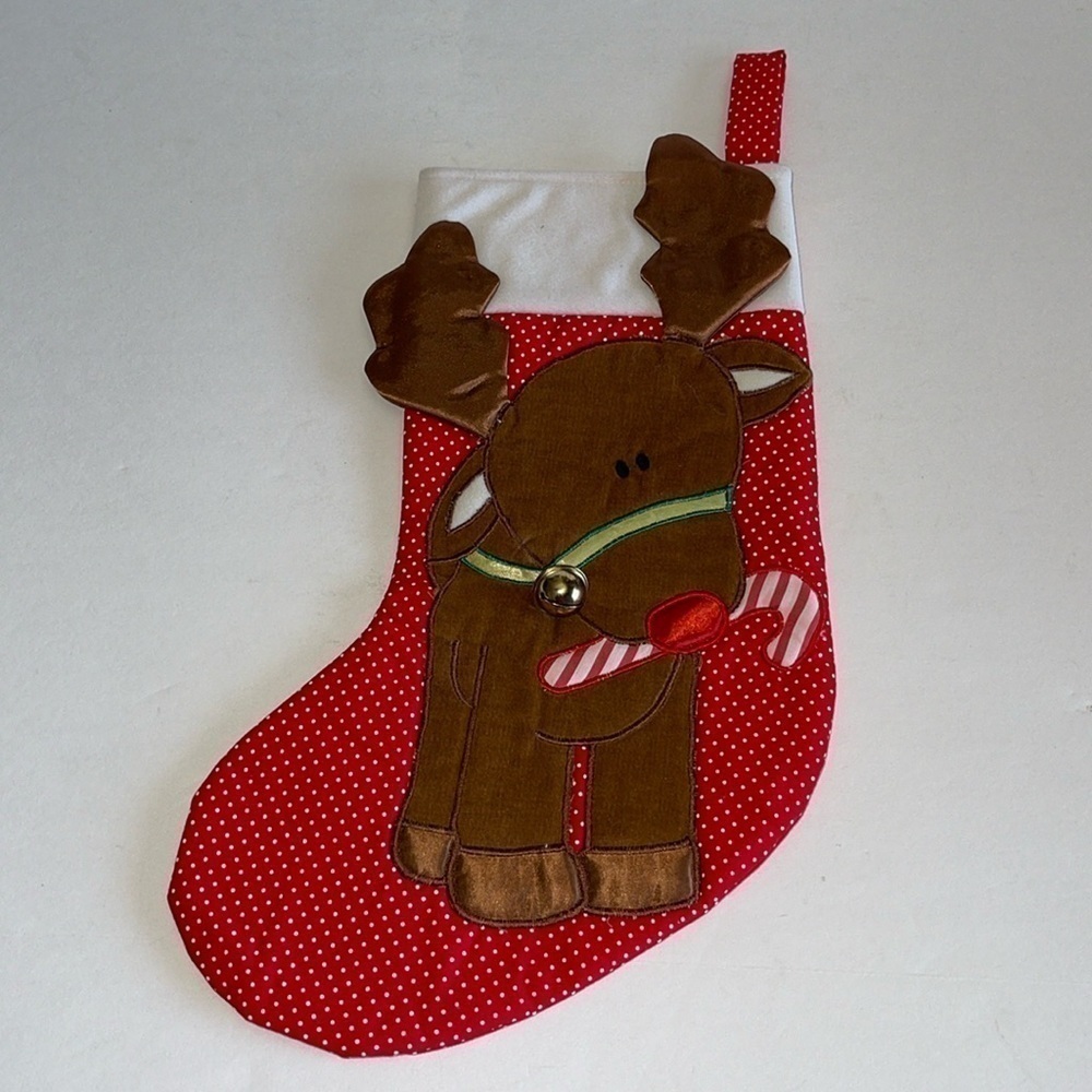 Vintage Dakin Red Dotted Reindeer Christmas Stocking